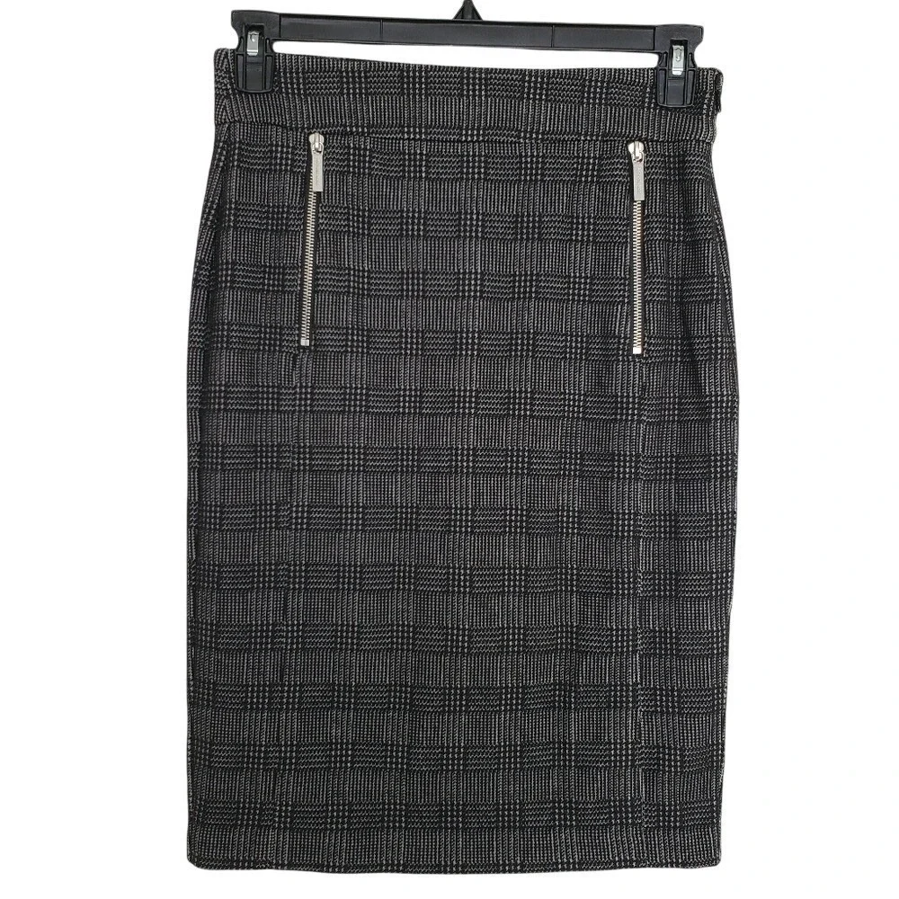 Michael Kors Plaid Pencil Skirt‎ Black and White Zipper Accents Slit SZ:S